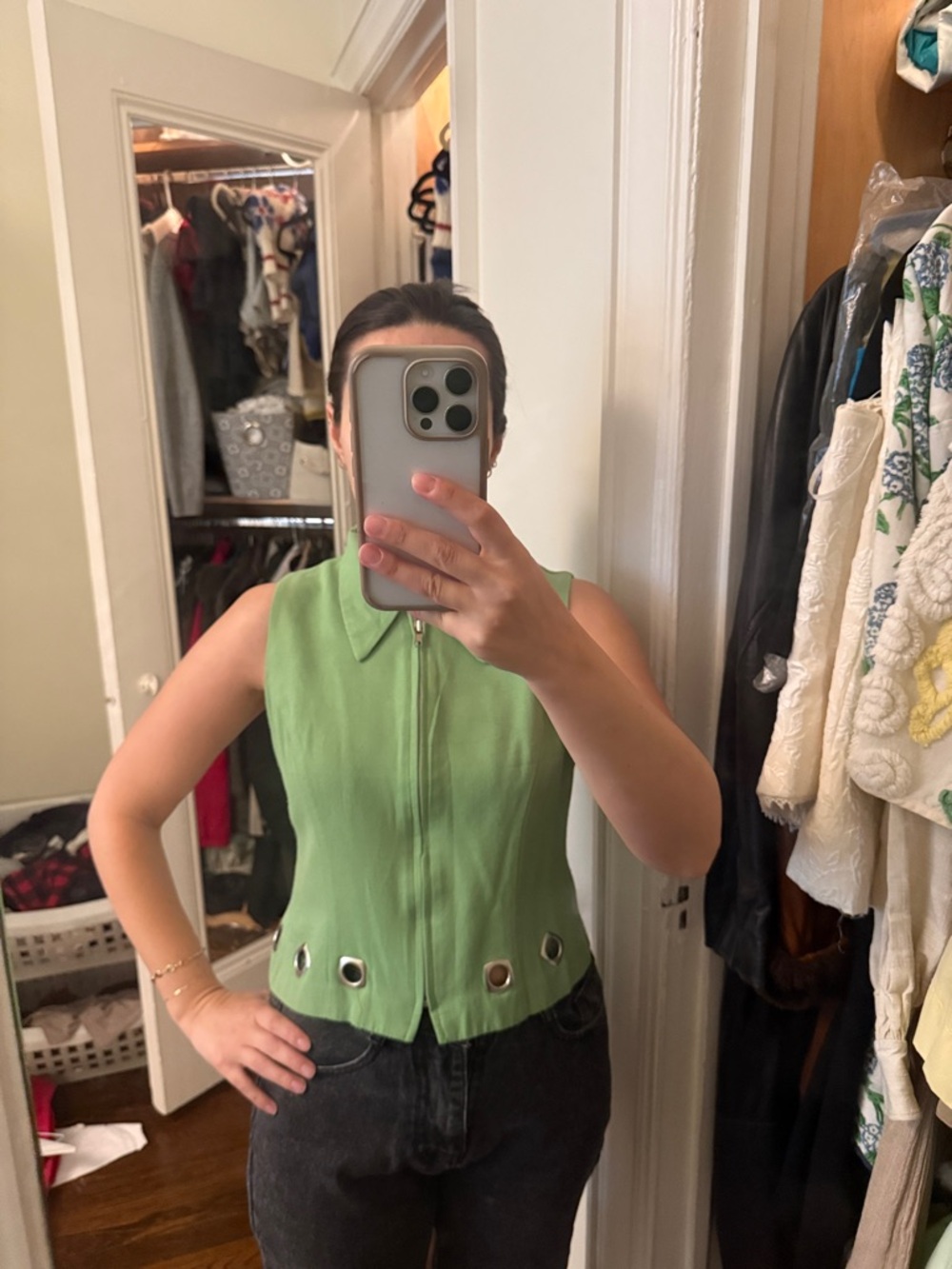 Vintage! Sleeveless Green Zip-Front Top with Grommet Detail